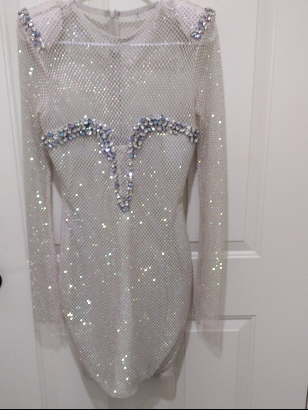 Woman's Elegant Cream Colored Heavy Diamond Cut Rhinestoned Mini Dress